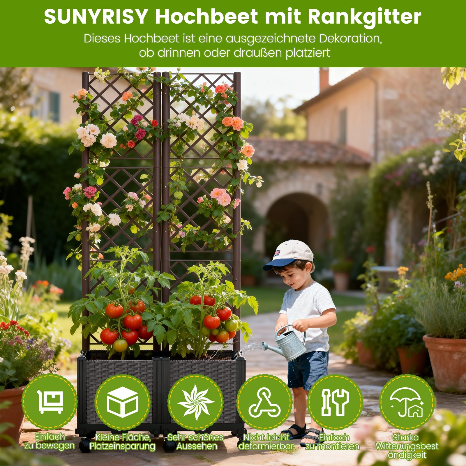 SUNYRISY Dual Hochbeet mit Tomaten Rankhilfe, Blumenkasten mit Rankgitter und Rollenrad, Selbstbewässerung Pflanzkasten Pflanzkübel mit Sichtschutz für Kletterpflanzen Tomate Gurken Rosen