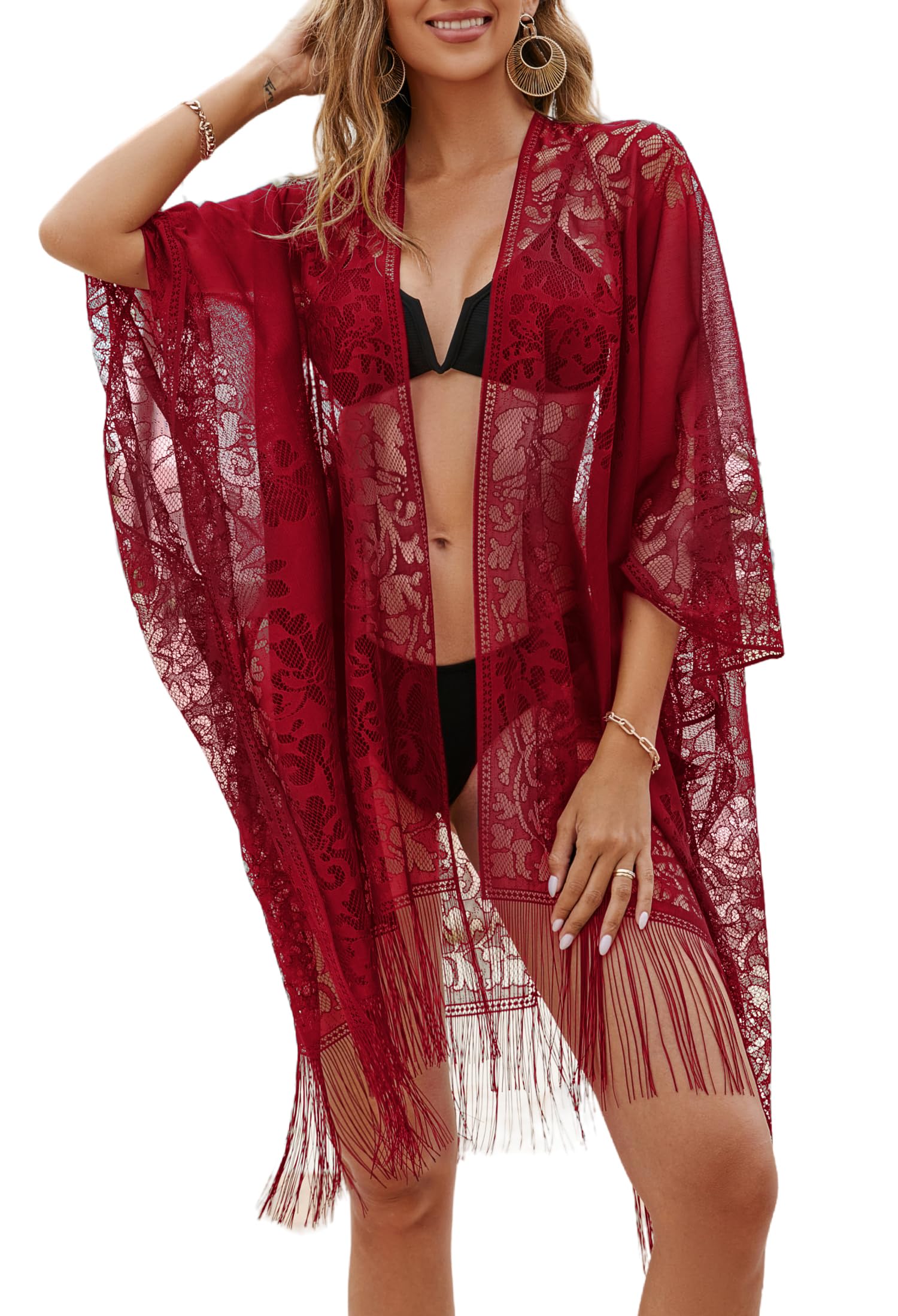 colornival Sexy Eleganter Spitzen-Kimono Strandponcho für Damen, Badeanzug Überwurf, Badebekleidung Cover-up für Urlaub, Pool, Strand und Party