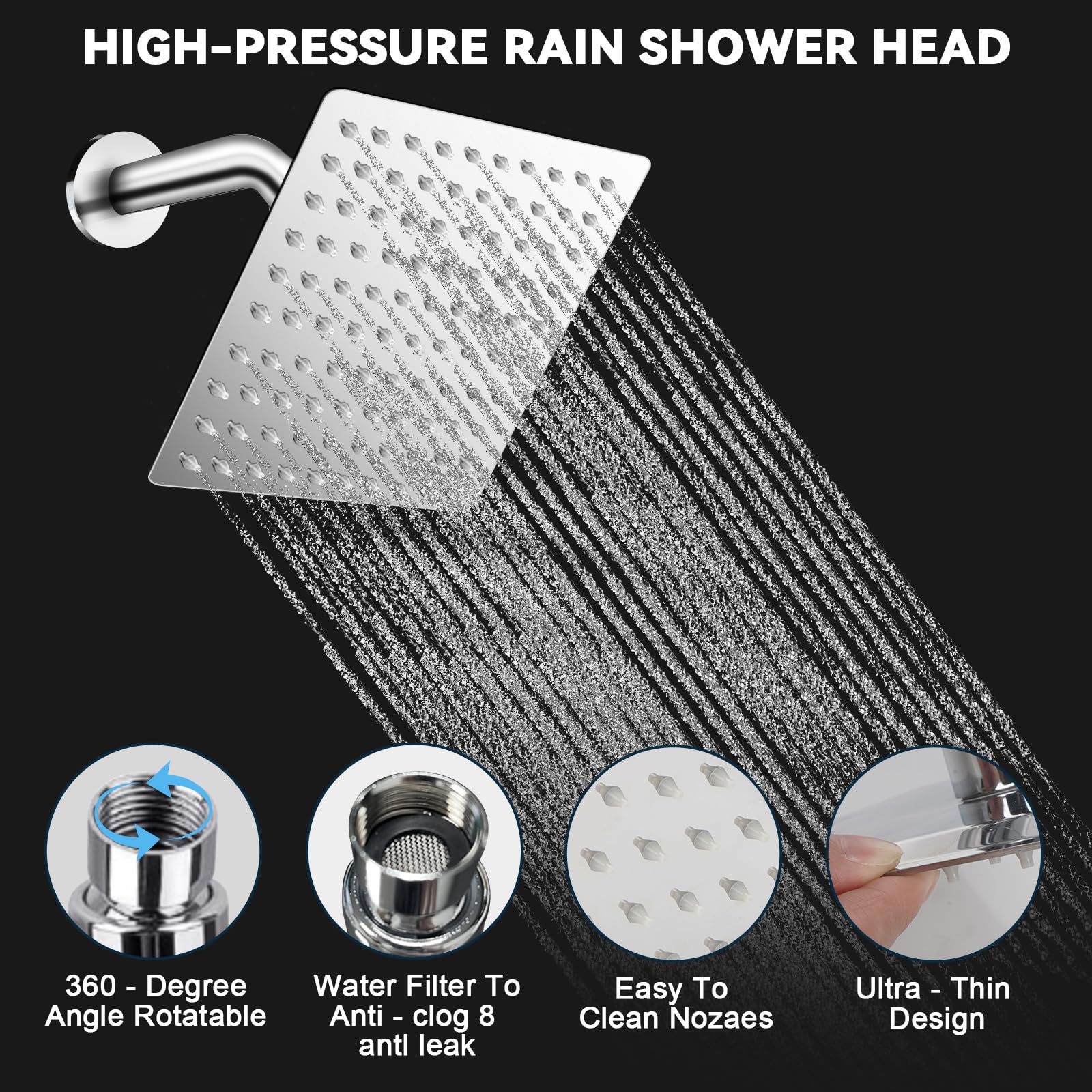 Combo de cabezal de ducha, cabezal de ducha fijo de lluvia de 8 pulgadas y ducha de mano de alta presión, brazo de extensión de 11 pulgadas y manguera de 60 pulgadas, 1 soporte, fácil de instalar