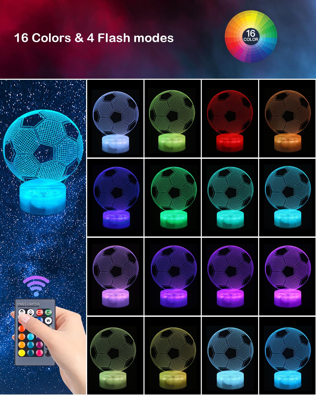 Luce Notturna 3D Per Bambini Con Illusione TS – 16 Colori Con Telecomando, Dimmerabile Touch, Alimentazione USB/Batteria