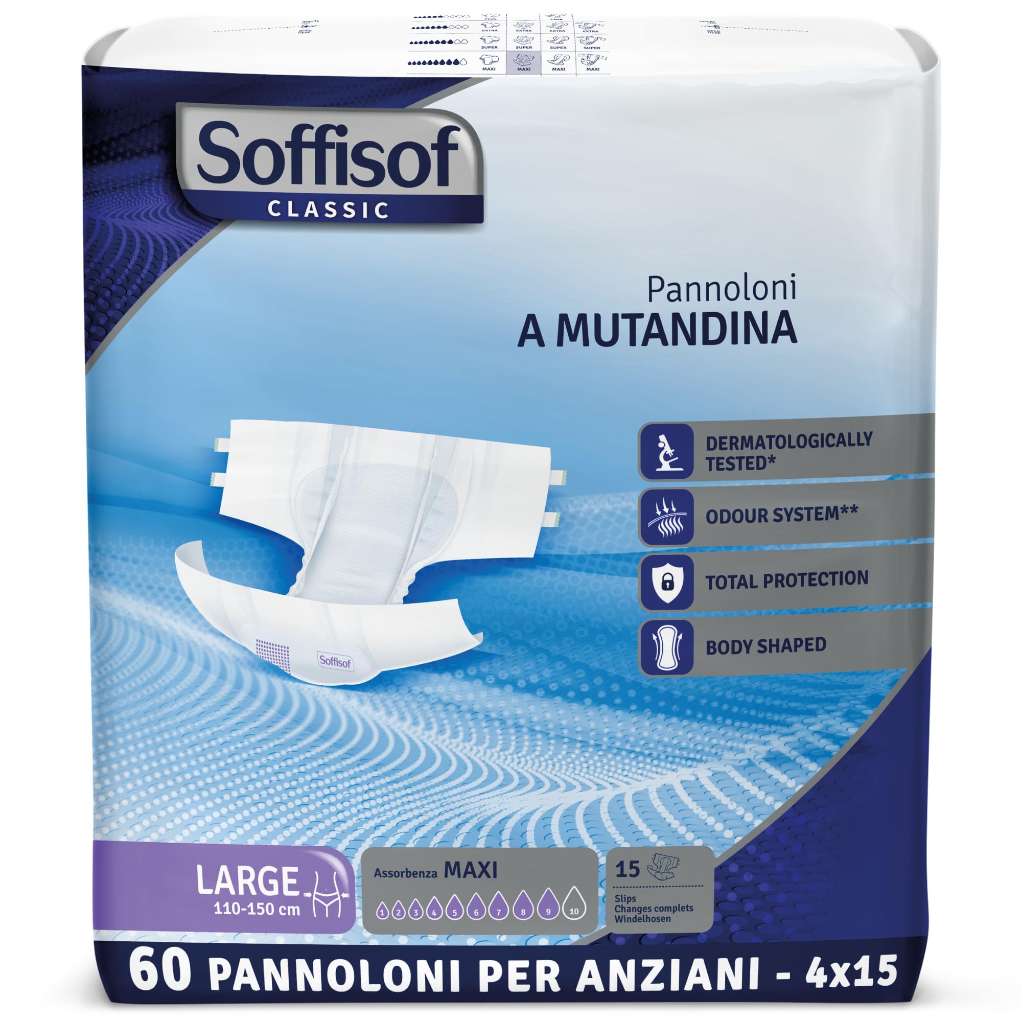 Soffisof Classic Pannoloni con Adesivi Maxi L - 60x Pannoloni per Anziani a Mutandina - 4 Confezioni da 15 Pezzi, Assorbenza fino a 9 Gocce - Ausili Incontinenza Uomo e Donna