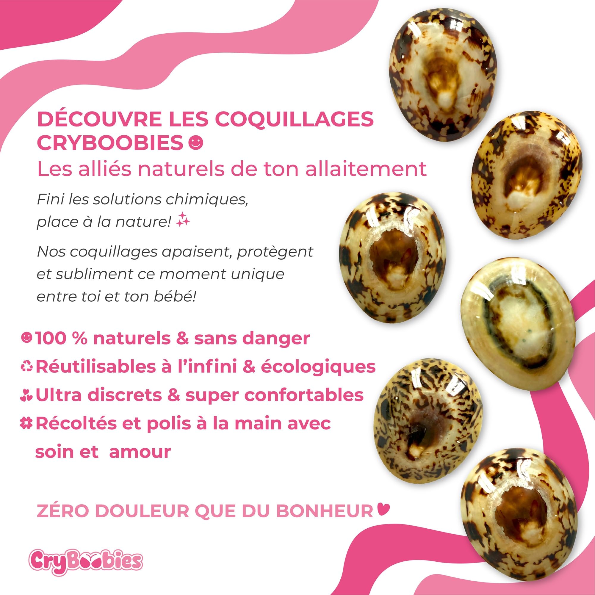 Coquillages d'allaitement + 4 Coussinets + Collier + Bracelet Quartz Rose - Cadeau fête des mères