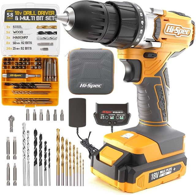 Hi-Spec 58pc Yellow 18V Cordless Power Drill Driver, Bit Set & Case. Complete Home & Garage DIY Tool