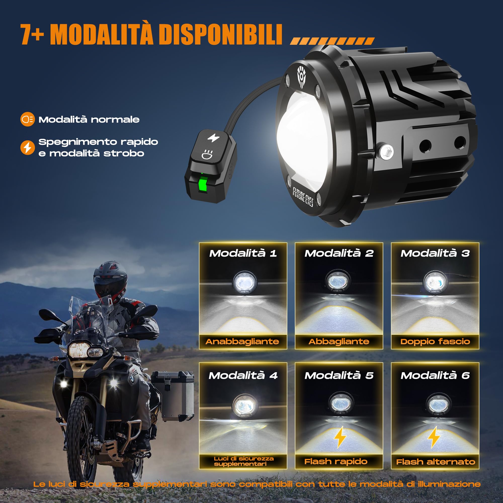 Future Eyes Fari Fendinebbia LED per Moto, Faro Ausiliario da 60W con Rotazione a 360°, Abbagliante/Anabbagliante, Luci di Guida Impermeabili per Guida Notturna, ATV, UTV e Fari per Motociclette