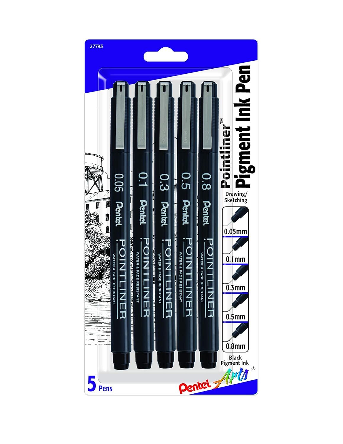 Pentel Arts Pointliner Drawing Pen, 5Pack, Assorted Sizes, Black Ink
