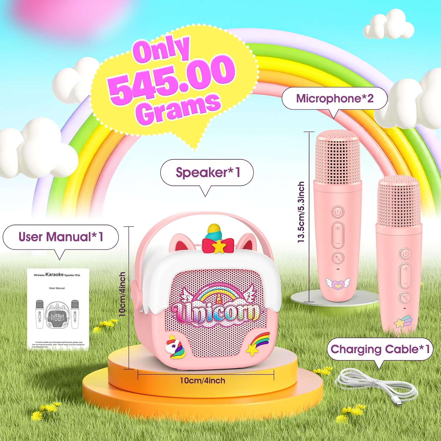 Mini Karaoke Machine for Kids Girls: Unicorn Portable Bluetooth Speakers with 2 Wireless Mic Easter Birthday Gifts for 5 6 7 8 9 10 11 Years Teen Toys for Girls Age 4-6 7 8 9 Basket Stuffers Pink - Image 7