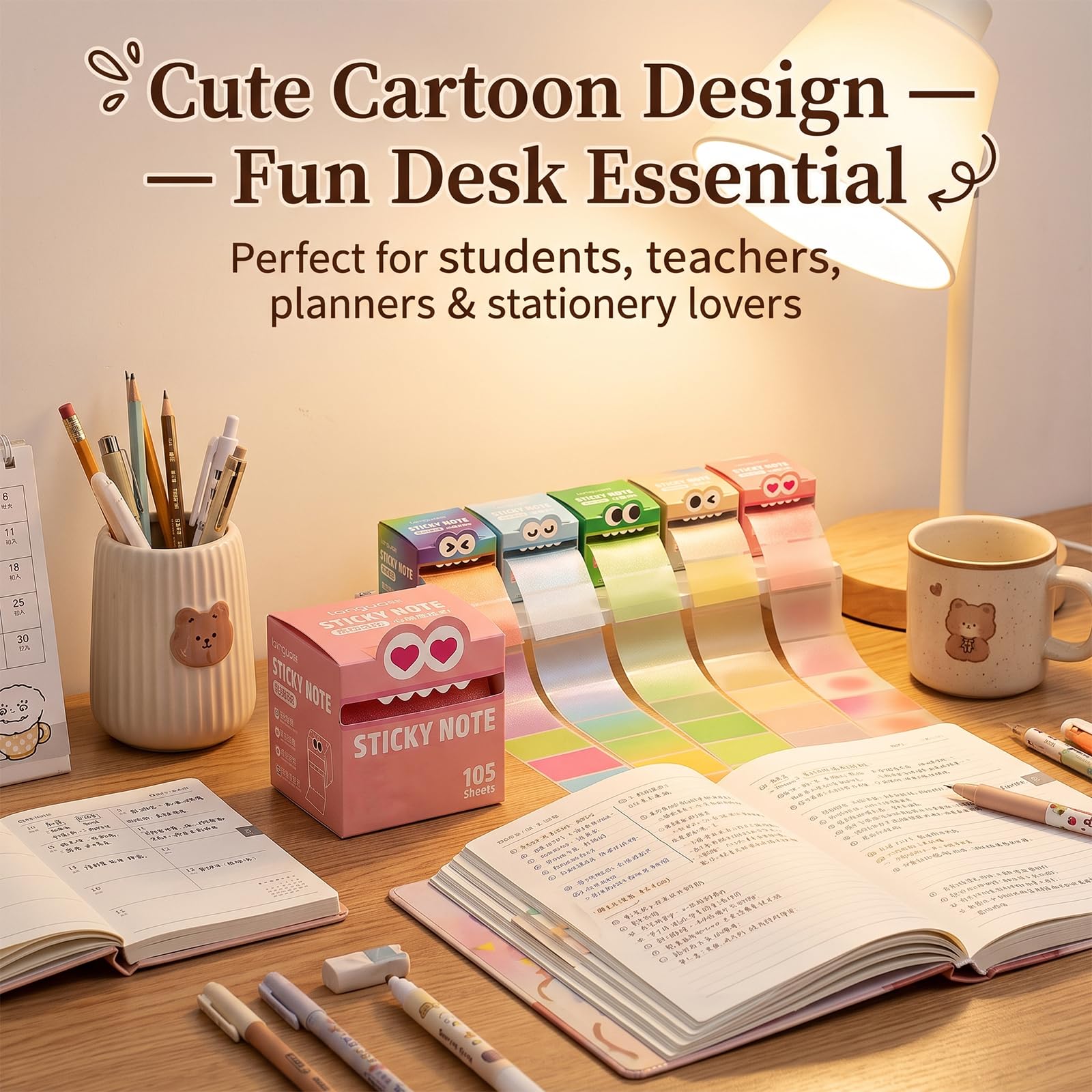 Glitter Sticky Notes in Box Dispenser with Cartoon Pattern (108 Sheets-6 set-a)