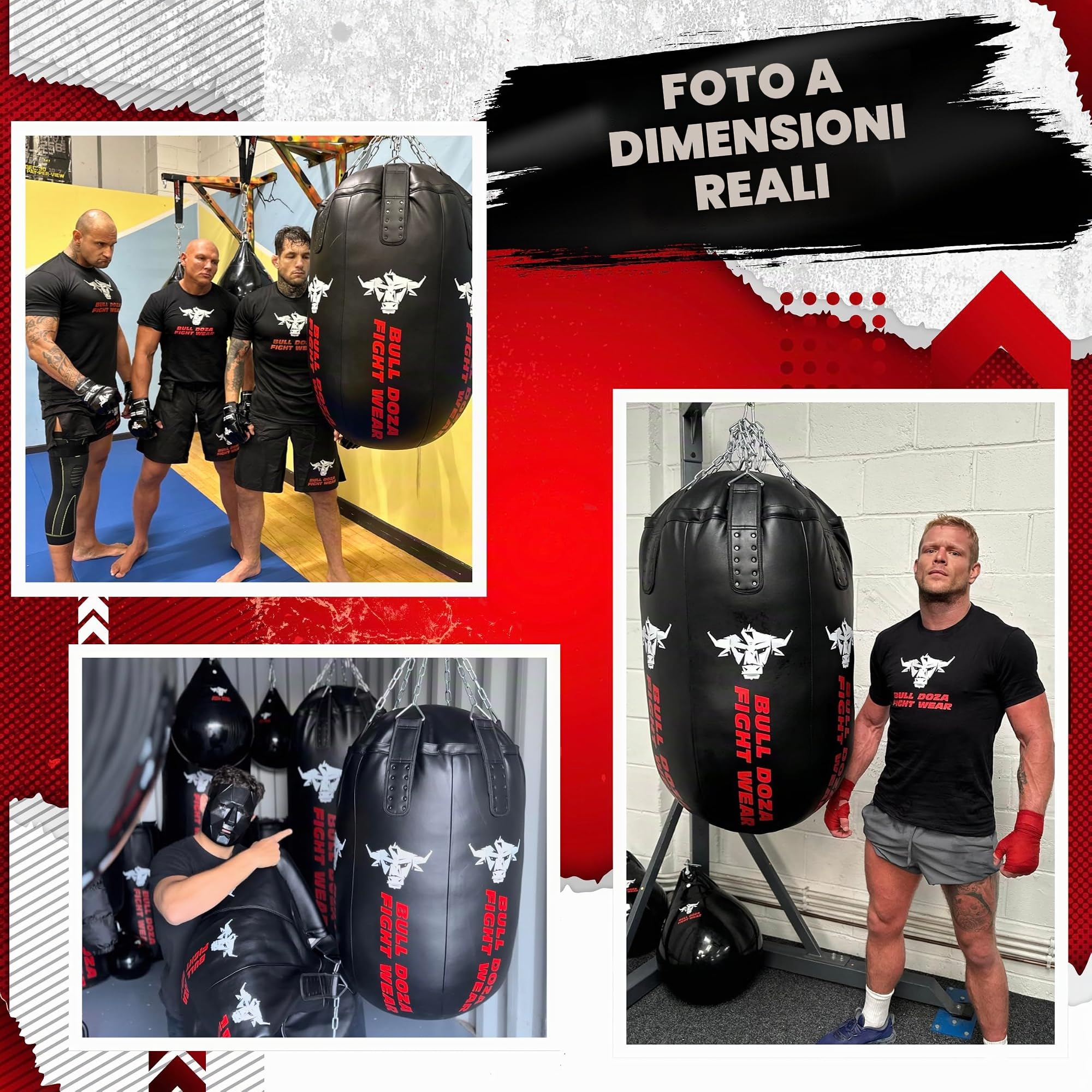 Sacco da boxe a forma di proiettile, enorme, con riempimento automatico, capacità di riempimento di 100 kg, resistente, con catene girevoli in acciaio inox, sacco da boxe più aggressivo Bull Doza