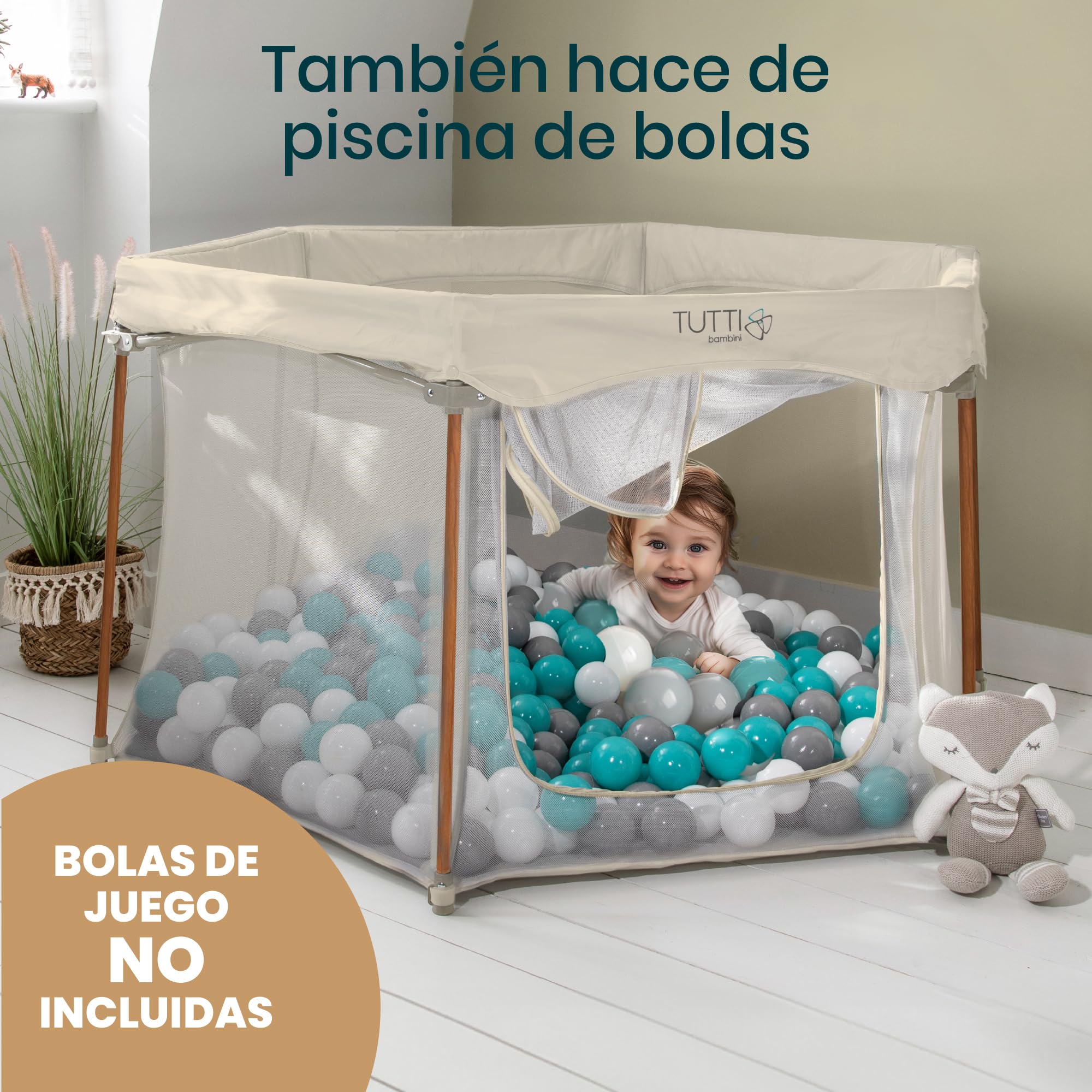 Tutti Bambini Parque Infantil Bebe - Corralito Bebe Plegable con Paredes de Malla, Puerta con Cremallera, Colchoneta de Suelo y Bolsa de Transporte - 135 x 135 x 75 cm - (Crudo)