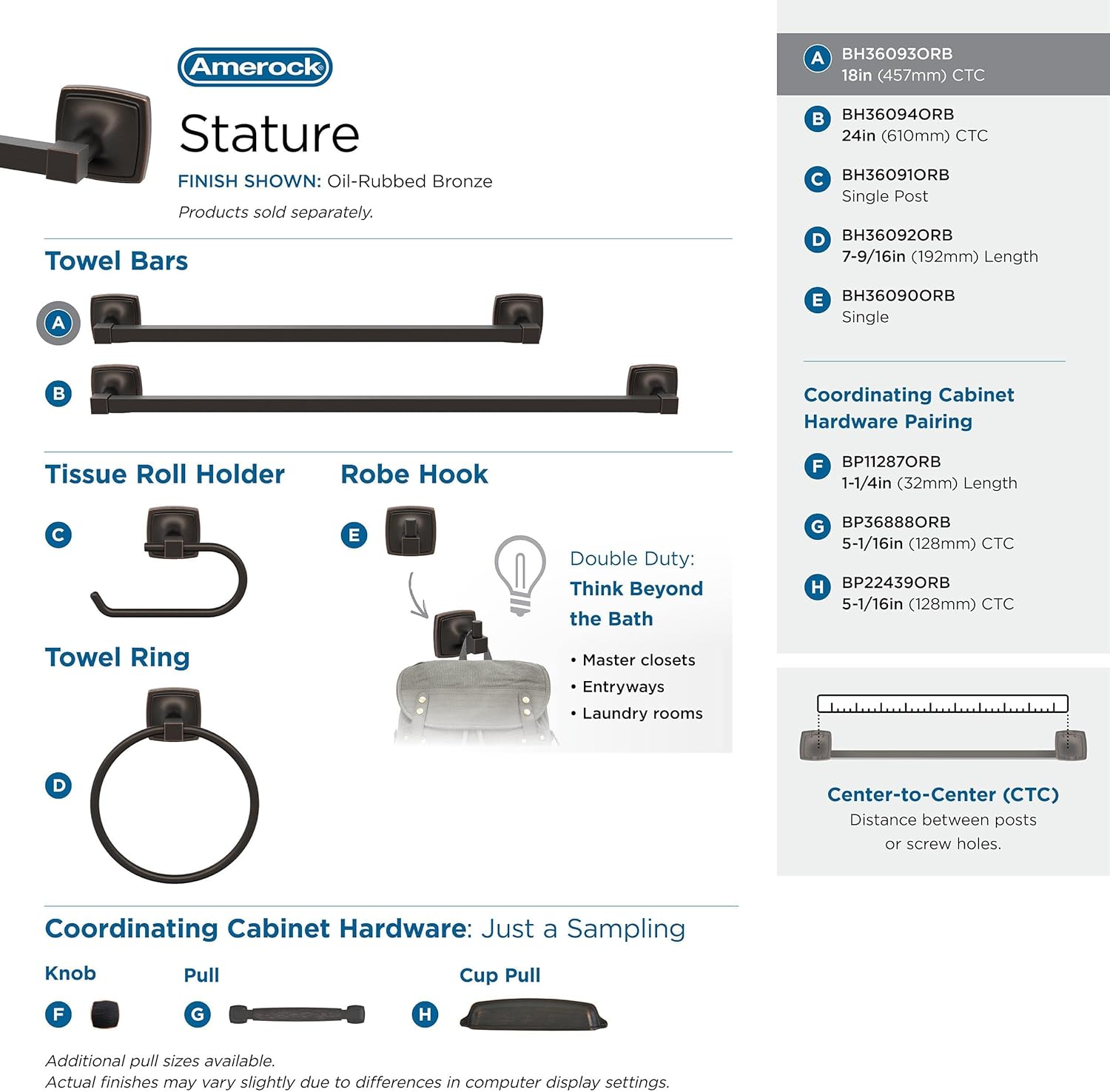 Amerock | Oil Rubbed Bronze | Stature | Towel Bar | 18 inch (457 mm) | 3 Piece | Bathroom Accessories Set