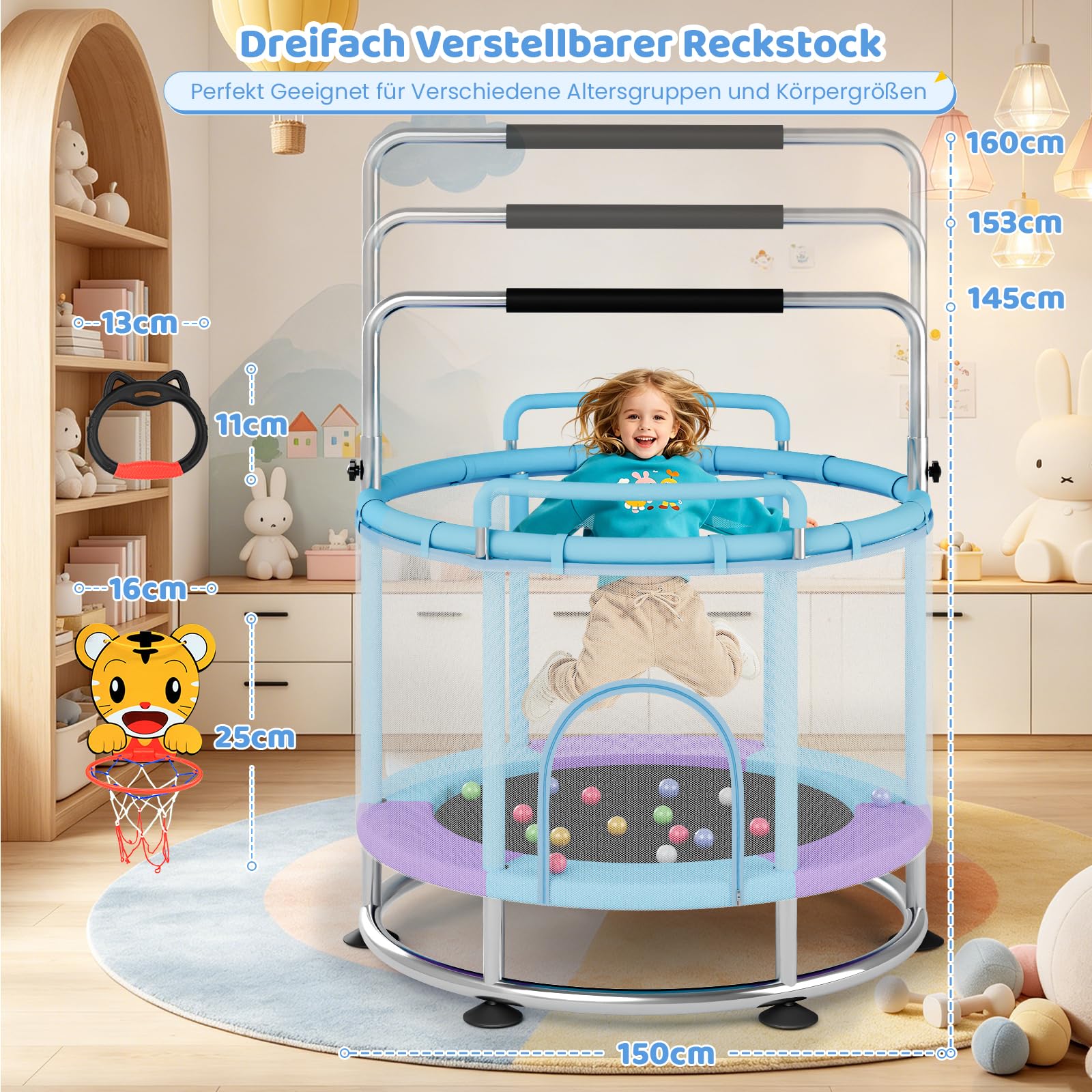 Trampolino per bambini, 150 cm, trampolino per bambini, per interni fino a 250 kg, asta regolabile in 3 posizioni, rete di sicurezza, base antiscivolo, altalena, sacco di sabbia