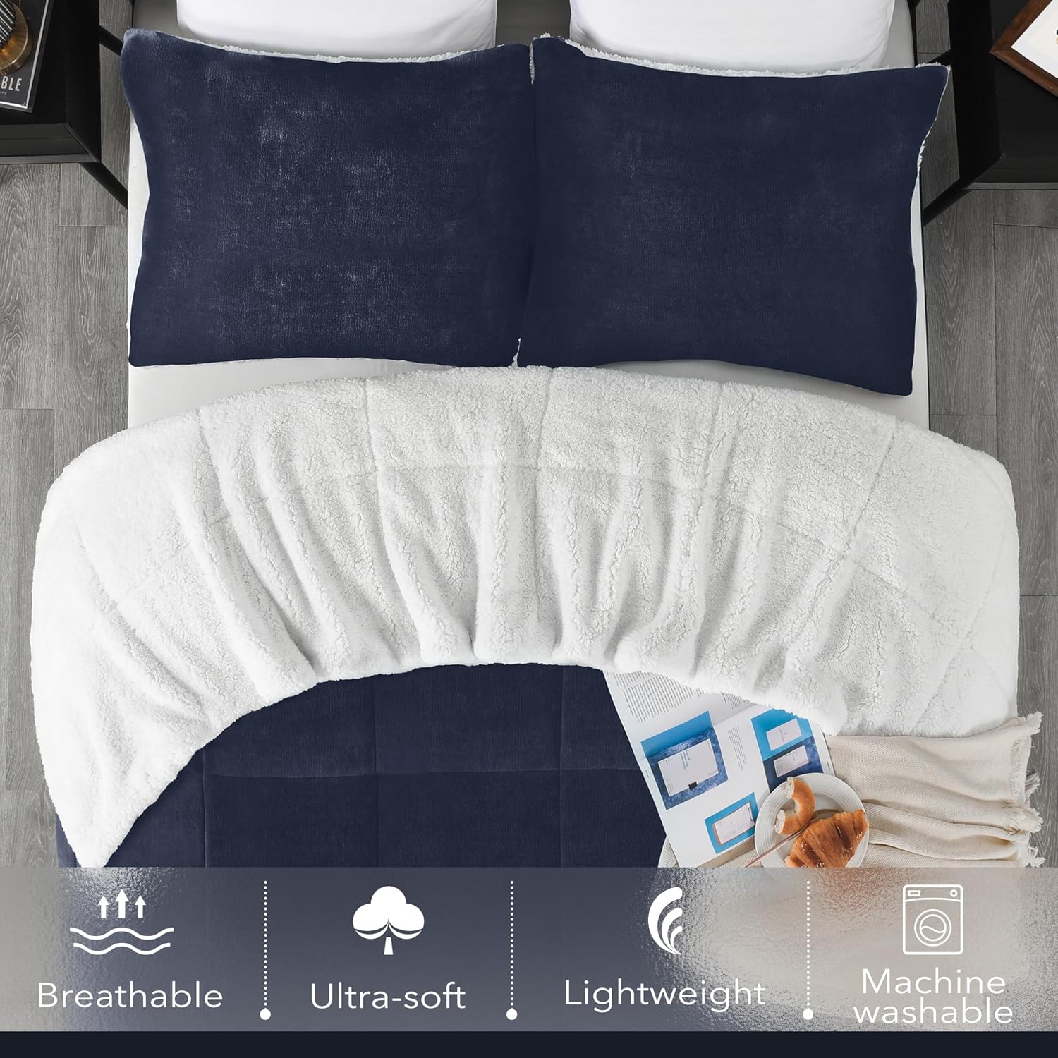 downluxe Ultra-Soft Micromink Sherpa King Size Comforter Set with 2 Pillow Shams - 3-Piece Set - Navy - Plush Warm Fall Winter Blanket & Bedding Comforter Sets - Image 5