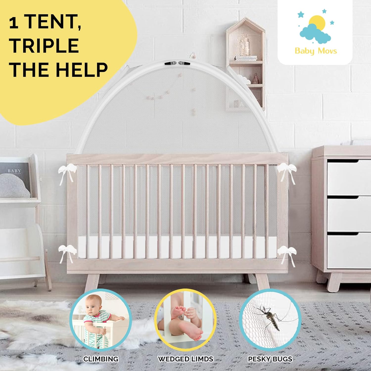 Crib Safety Canopy, Net, or Tent – Pop Up Mesh Cover Stops Climbing, Stuck Limbs – See-Through Netting for Baby & Toddler Bed with Ties, Zippers, Bags by Baby Movs, 53x27x51 in., White : Baby