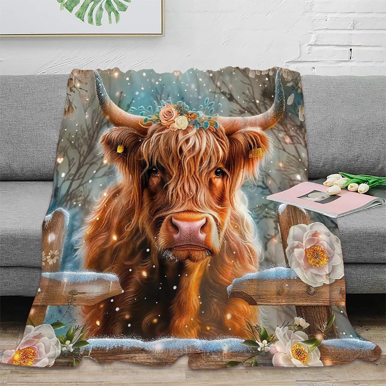 Couverture de lit Highland Cattle 180x200cm plaid microfibre chaud pour canapé