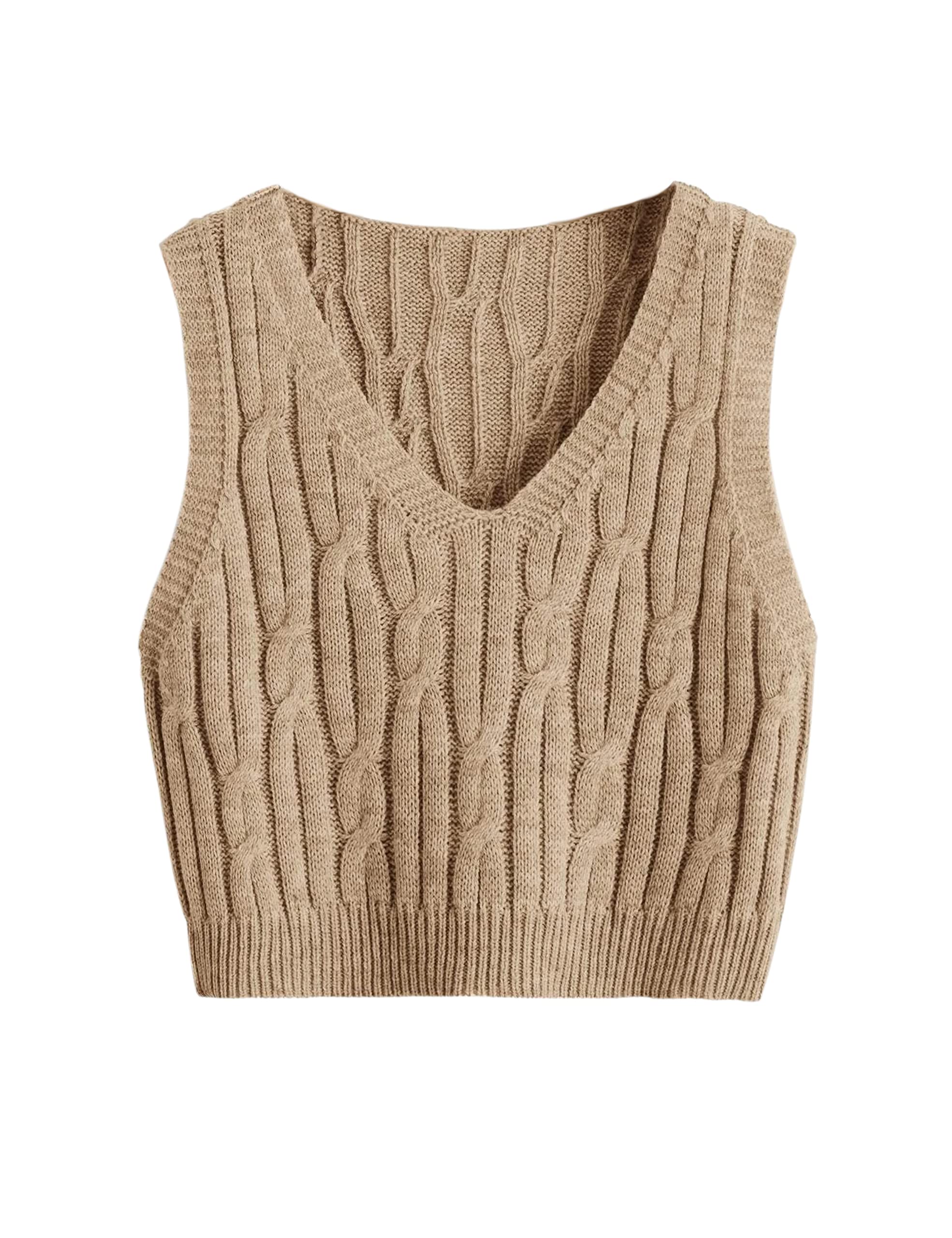 Women Vintage V Neck Cable Knit Sweater Vest Sleeveless Cropped Sweaters Pullover Knit Tank Top-image-7