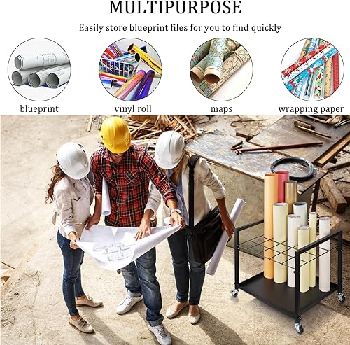 Miniatura 6 de Cathyeen Blueprint - Estante de almacenamiento para planos, carrito de almacenamiento de planos de metal con ruedas, 20 ranuras, soporte para