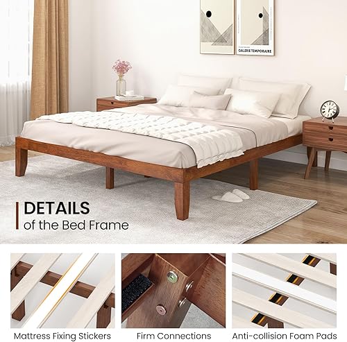 Miniatura 41 de KOMFOTT Base de cama de plataforma de madera de 14 pulgadas, tamaño individual, base de colchón de madera con marco de madera de goma, fuerte Marrón