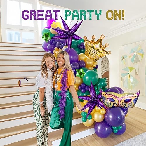 Miniatura 2 de Kit de arco de guirnalda de globos de Mardi Gras, 110 unidades, morado oscuro, verde, perla dorada con corona de estrella de Mylar, globos grandes