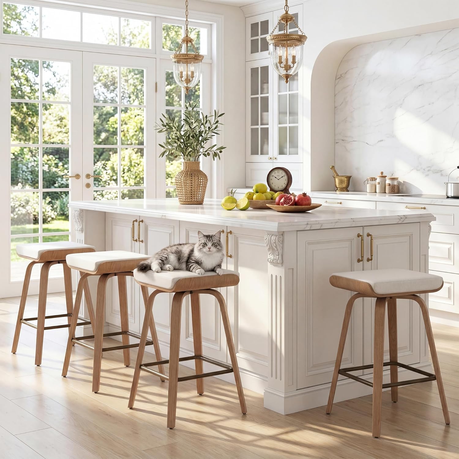HNY 26" Swivel Bar Stools Set of 2, Backless Counter Height Stools with Removable Beige Linen Cushion (Velcro), 360° Rotating Rustic Farmhouse Wooden Saddle Stools with Footrest for Kitchen Island