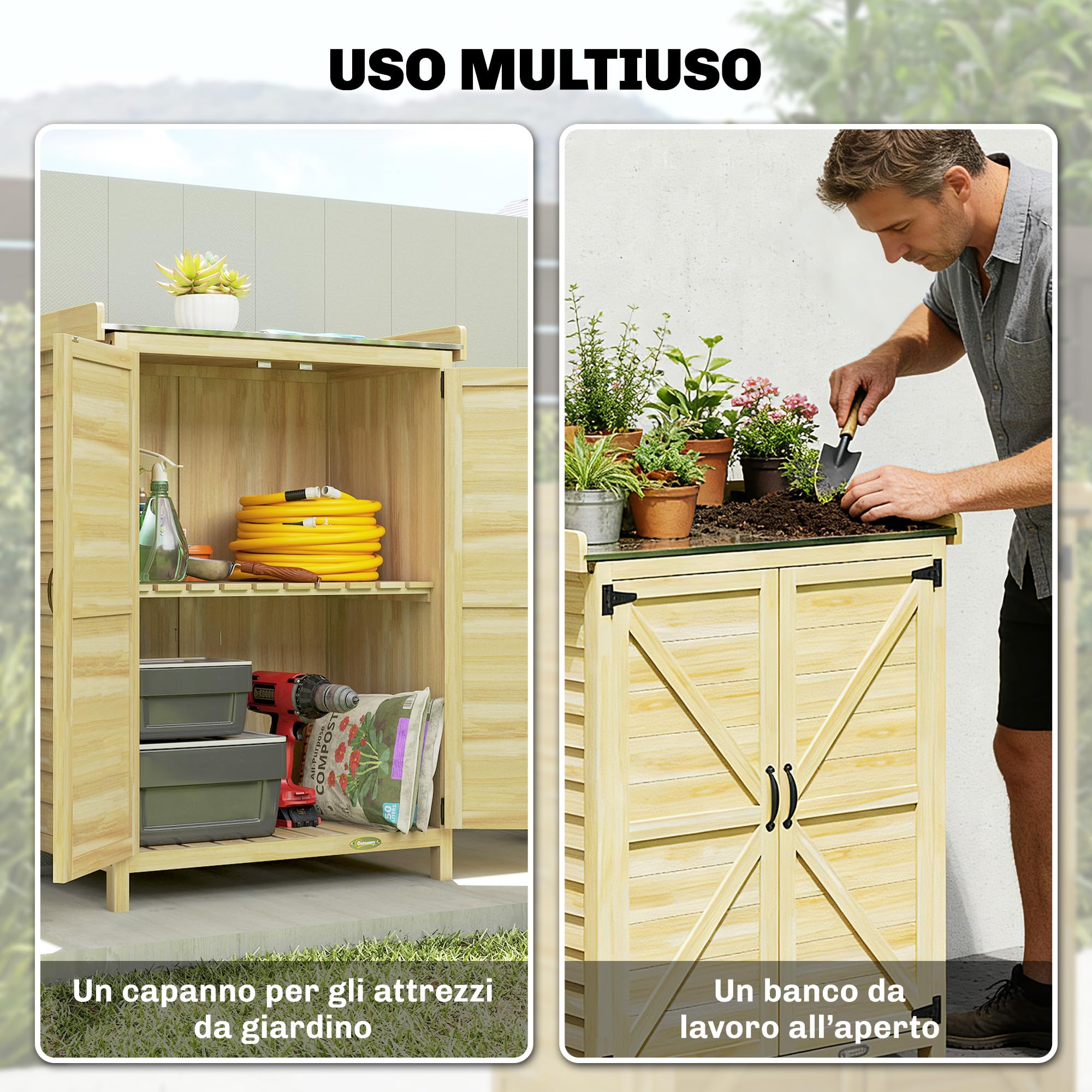 Outsunny Casetta da Giardino in Legno di Abete con Ripiani e Ganci Laterali, Armadio da Giardino con Doppia Porta e Piano di Lavoro in Acciao Zincato per Terrazza Patio, 71.5x39x95cm, Naturale