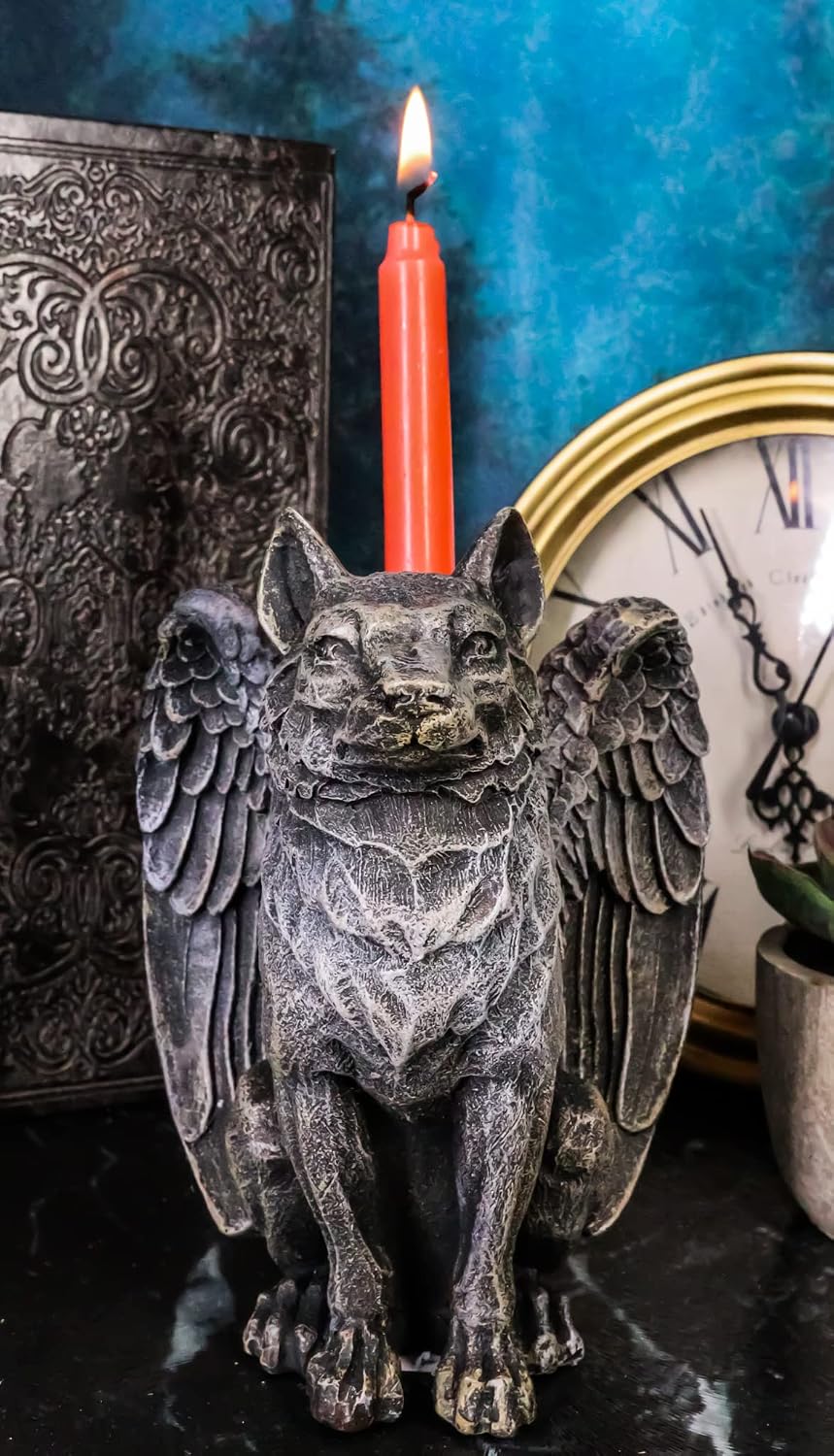 Ebros Sitting Gothic Angel Winged Wolf Candle Holder Statue Denizen Of The Twilight Werewolves Direwolf Fantasy Decor Sculpture For Halloween Underworld Macabre Mystic Decorative Candleholder Figurine