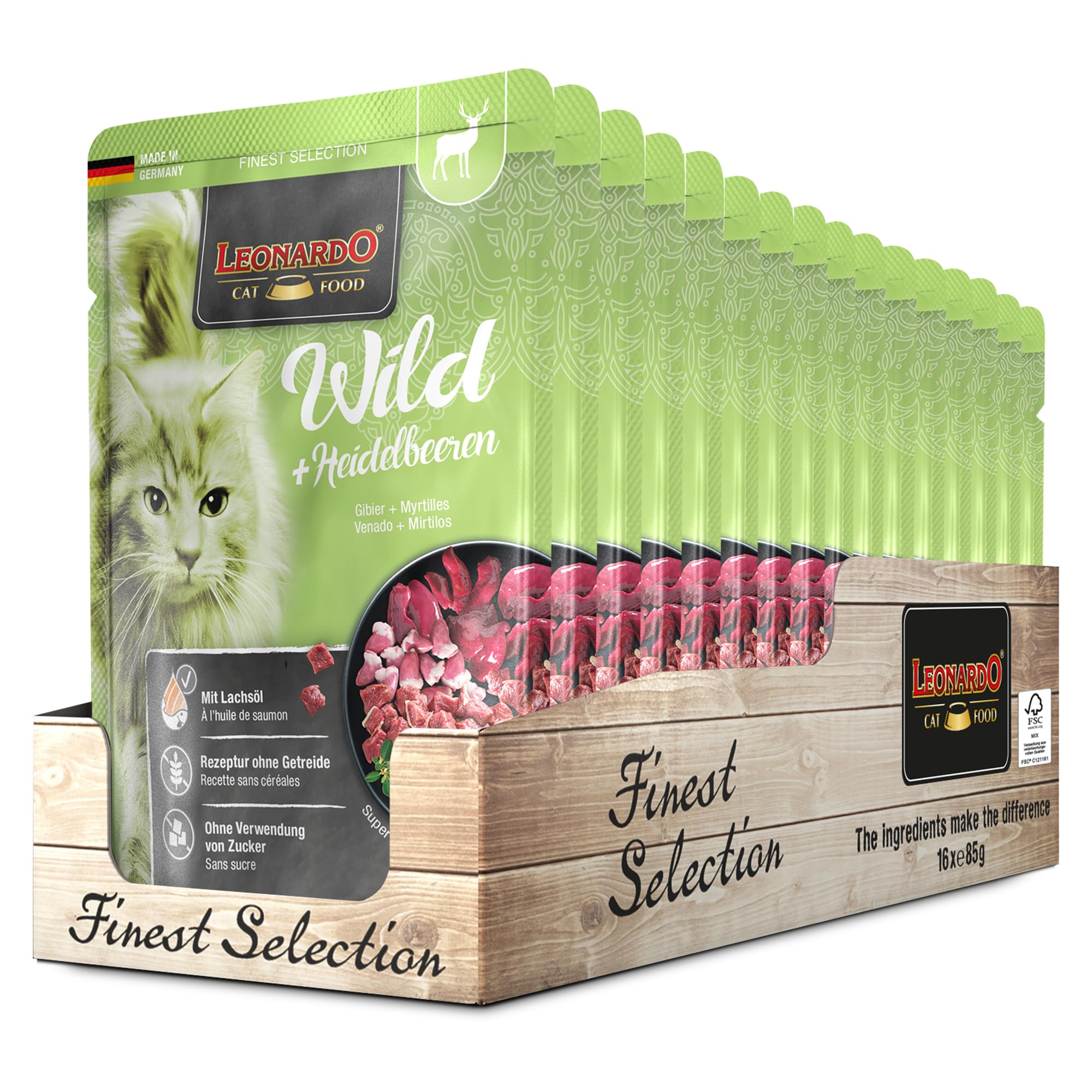 Leonardo Frischebeutel [16x85g Wild + Blueberry] | Getreidefreies Nassfutter für Katzen | Feuchtfutter Alleinfutter im Einzelportionsbeutel
