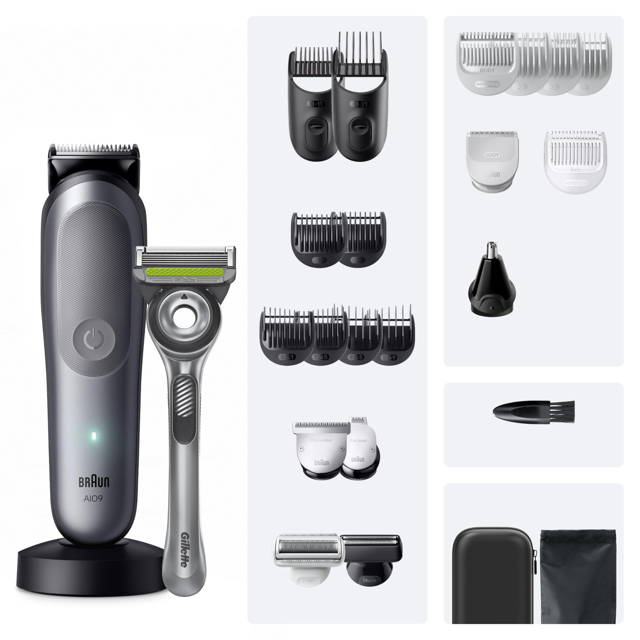 Braun Rasoio Elettrico Barba e Capelli Serie 9, Accessori AIO9565 Grigio | Rifinitore All-in-One 25in1, Rasoio Elettrico Corpo Uomo, Modalità Bodygentle, Peli Naso, Impermeabile Ricaricabile