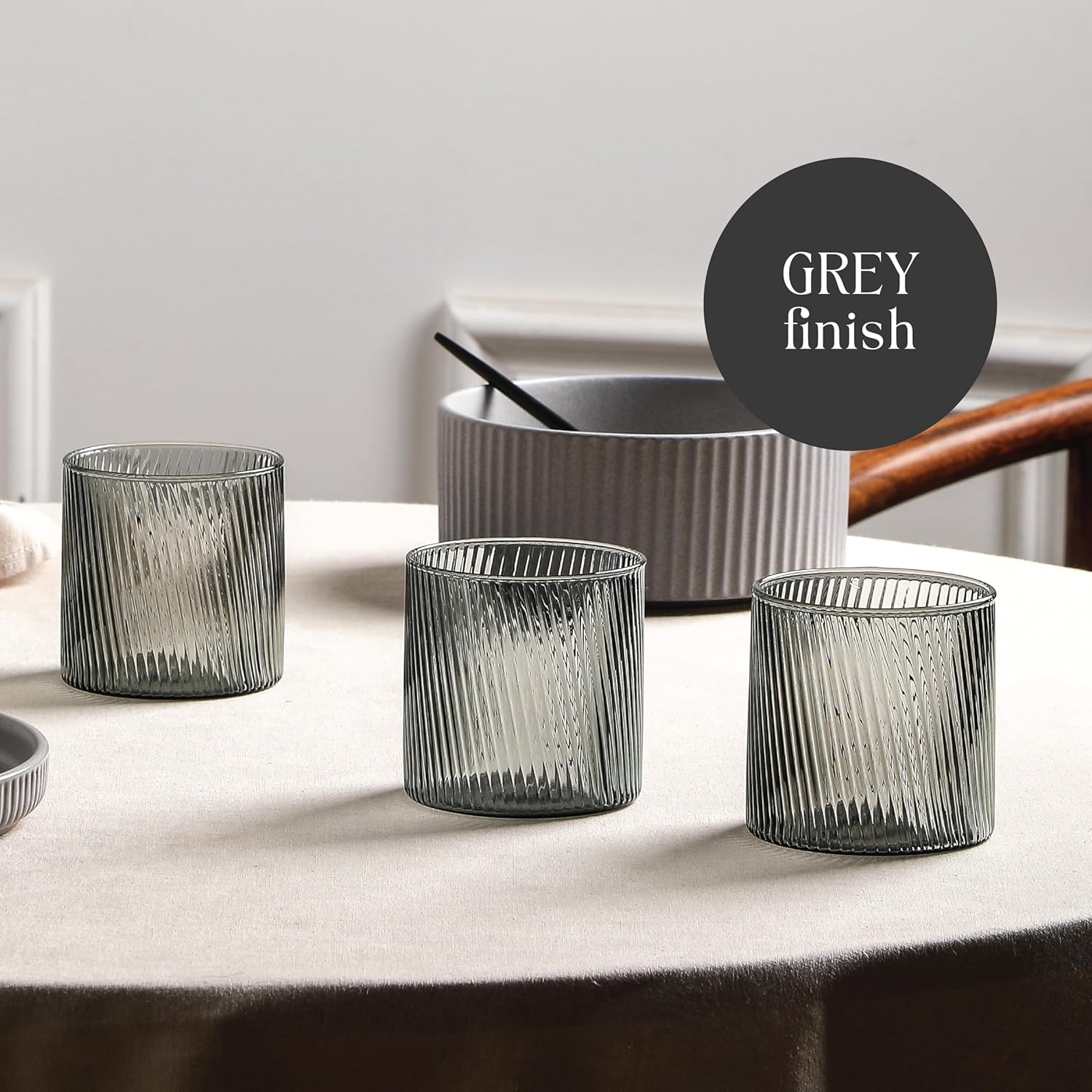 Stone Lain Haven Ribbed Drinking Glasses Set of 8 – 13 oz Grey Textured Tumbler Rocks Glasses – Modern Short Glassware