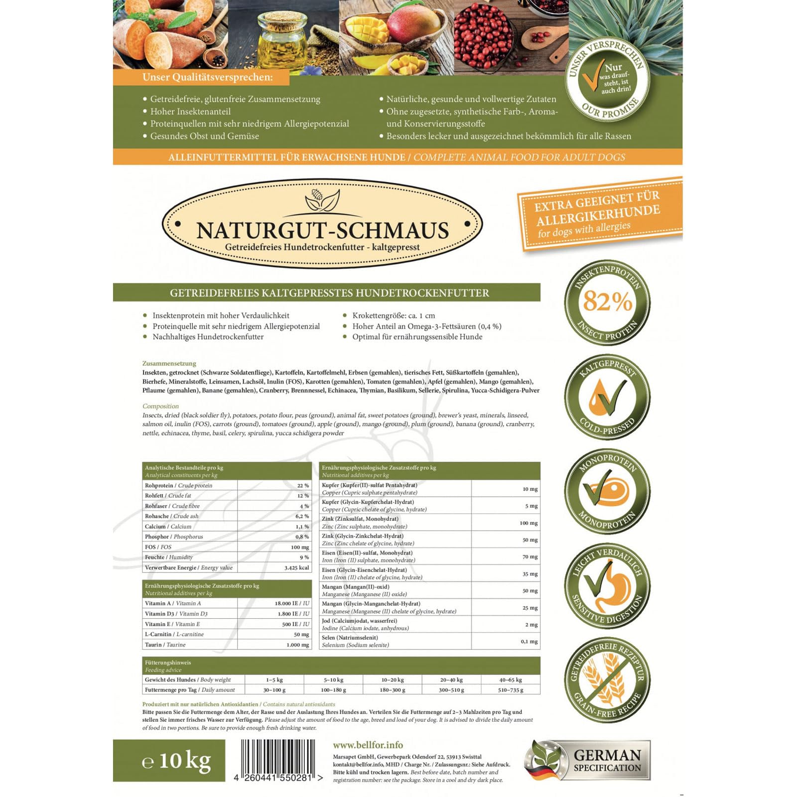 Bellfor Naturgut-Schmaus Hochwertiges Kaltgepresstes Hypoallergenes Trockenfutter für Hunde mit Insekten Getreidefrei Optimal für Ernährungssensible Hunde (10 kg)