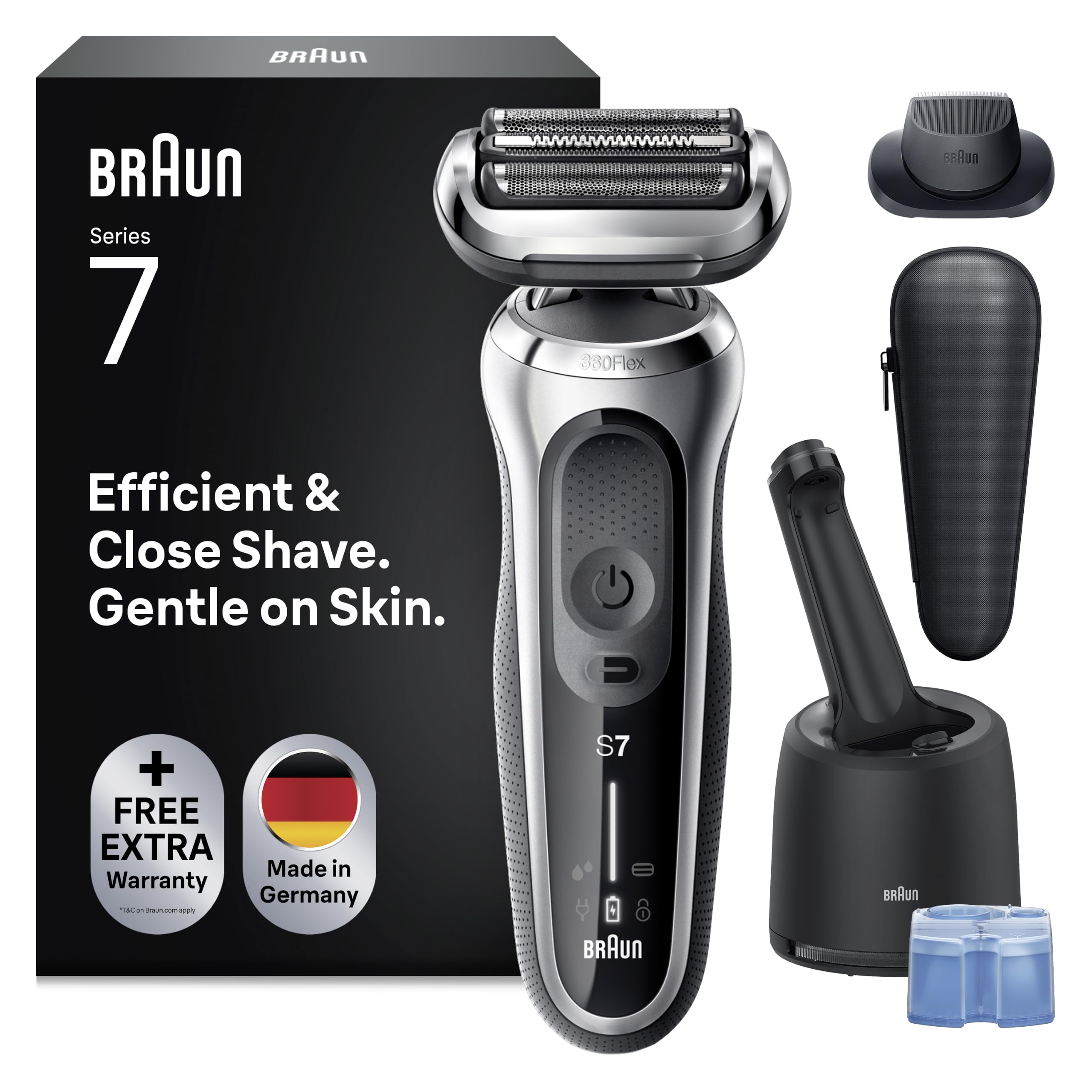 Braun Series 7 71-S7200cc Rasoir électrique pour peau sèche et humide avec système SmartCare Center et tondeuse de précision, batterie, sans fil, avec film, argenté