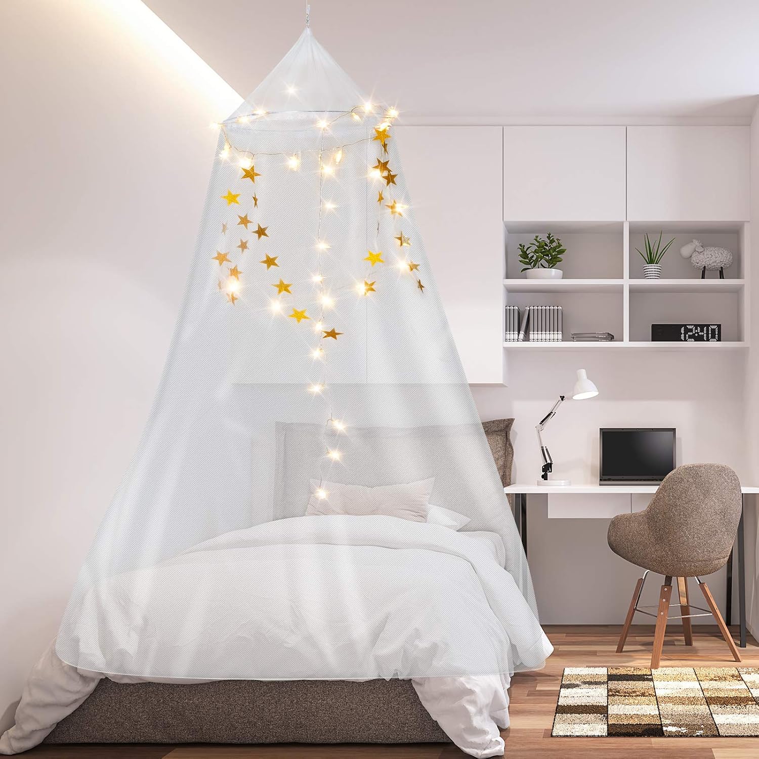 Tatuo Mesh Net Hanging Bed Canopy Netting Bed Canopy and 40 LED Twinkling Star String Light and 4 Meters Star Hanging Garland for Single to King Size Beds (White)