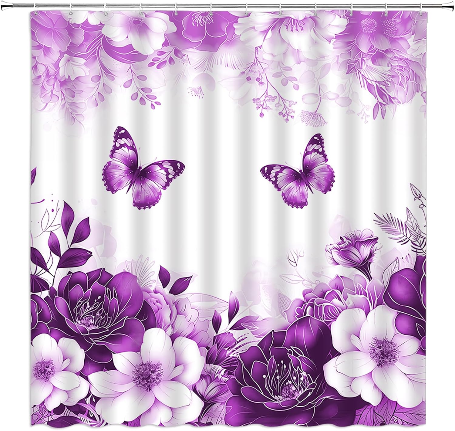 Floral Shower Curtain Teal Flower Nature Plant Spring Butterfly Extra Long Bathroom Decor Curtain with Hooks,70W x78 H