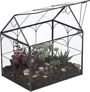 Relaxdays Pflanzenterrarium, Glas & Zinn, Deko Glashaus für Kakteen & Moos, Glaskasten für Fensterbank, schwarz