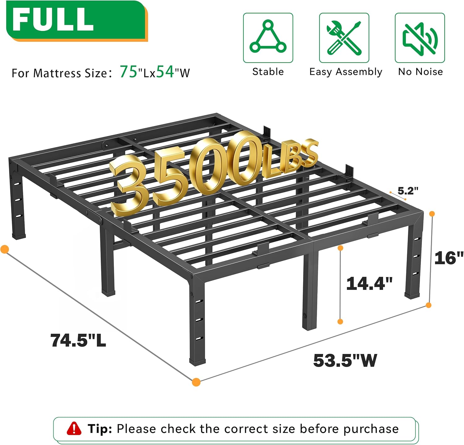 16 Inch Bed Frame Full Size Heavy Duty, Upgrade Metal Platform Black