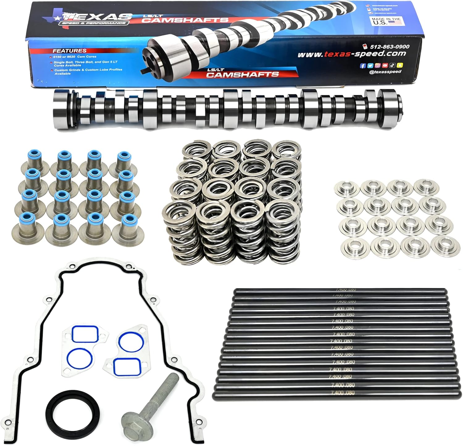 Texas Speed TSP 228R 228/228 .600"/.600" Camshaft, Spring Kit, Chromoly Pushrods, Gasket Set 4.8 5.3 5.7 6.0 LS Cam