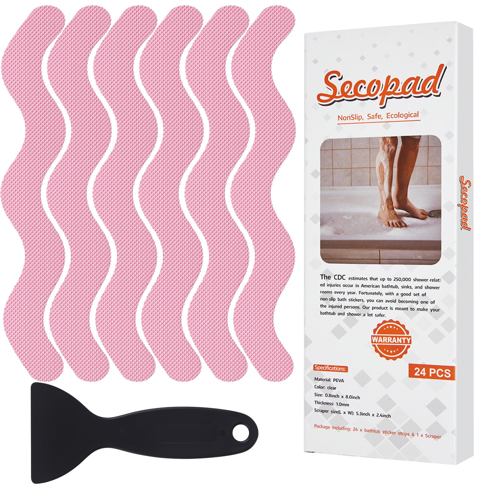 Anti Slip Shower Stickers, Adhesive Decals Safety Strips with Scraper for Bath Tub, Shower Floor, Stairs, 24 Pieces (Pink)