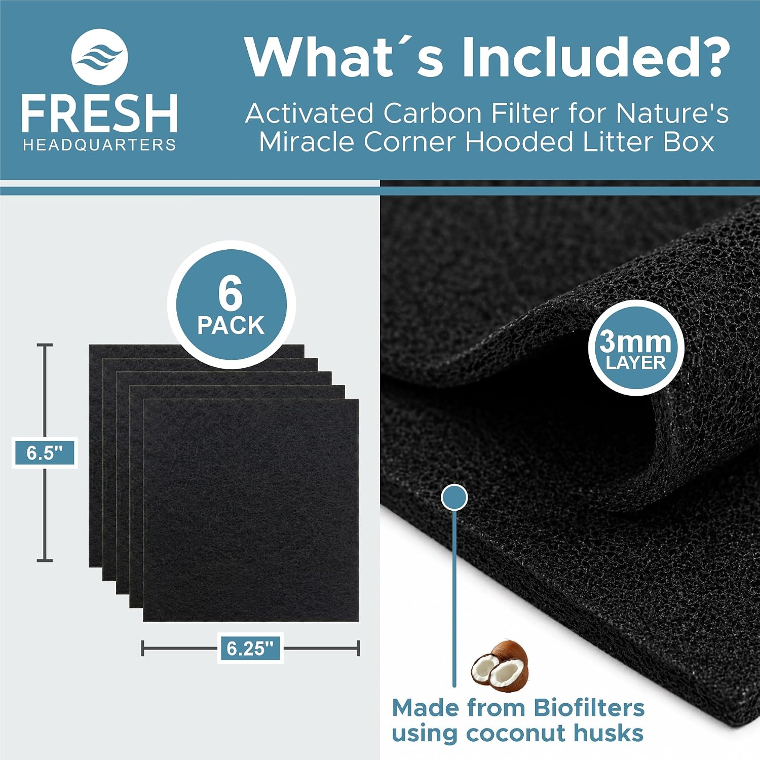 Fresh Headquarters 6-Pack Activated Carbon Cat Litter Box Filter Replacement for Nature's Miracle Corner Box - Charcoal Filters for Hooded Litter Boxes - Odor Control - Made in USA - 6.5" x 6.25" image 2