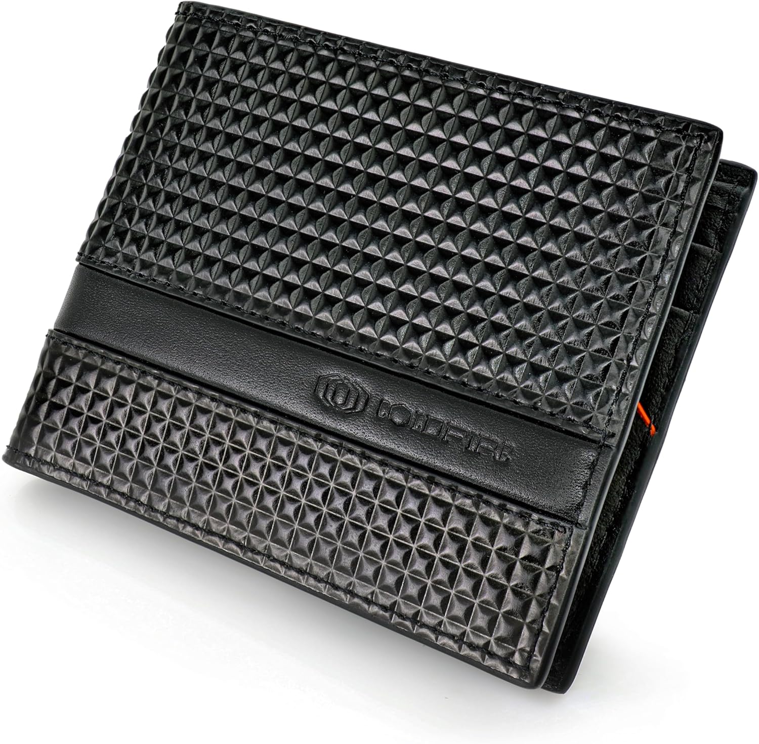 ColdFire Men's Slim Leather Wallet - Black - RFID Blocking - Bifold - Multi Compartment - Pyramid Pattern (4 Card Slots and Coin Pocket)