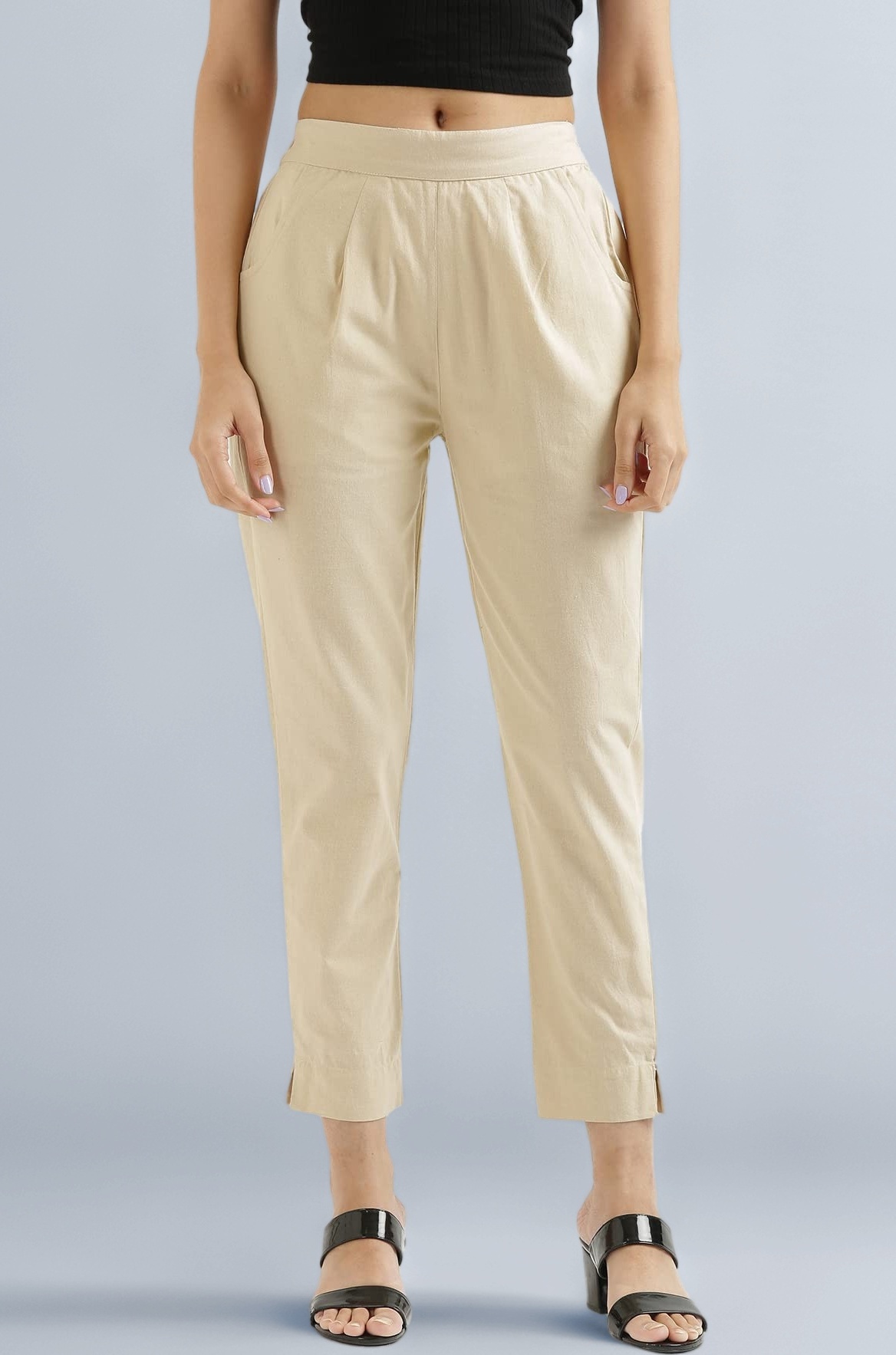 Women Cotton Pant Regular Slim Fit Mid Rise Trouser, Pocket Pants for Office School Formal Casual Daily Use