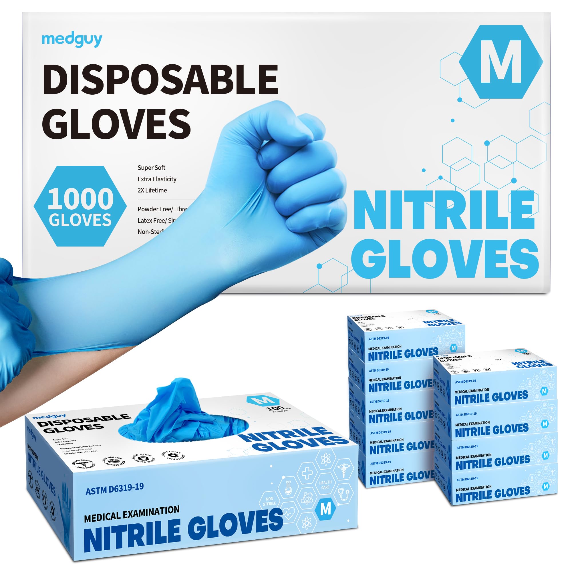 Medguy Powder-Free Nitrile Exam Gloves, 4.5 Mil, 1000 Count, Blue Food-Safe Disposable Gloves for Medical, Cooking, Cleaning