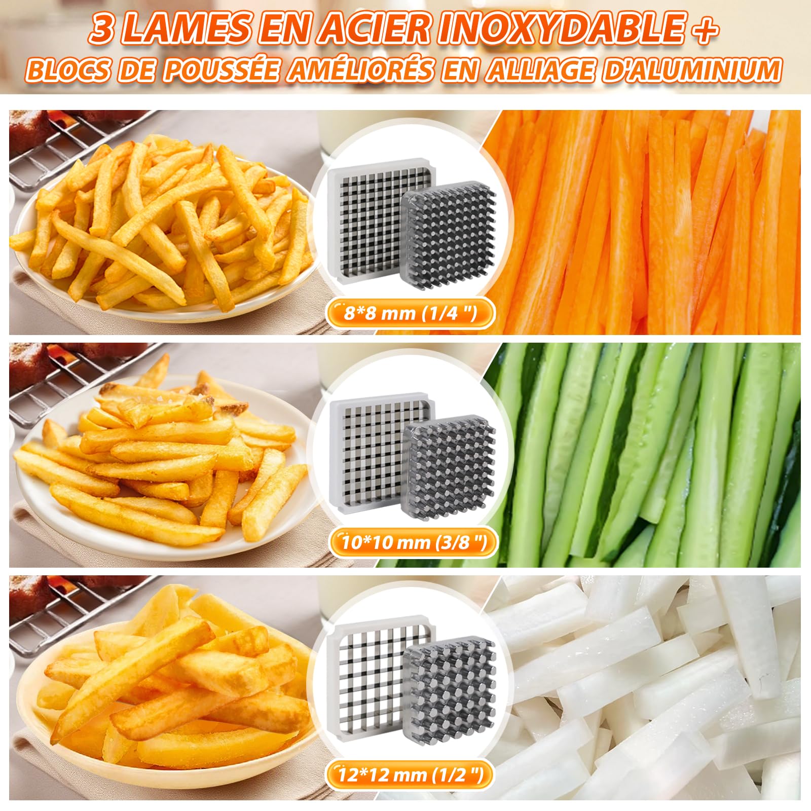Anatole Coupe-Frites Professionnel avec 8mm 10mm 12mm Lames en Acier Inoxydable Trancheuse de Légumes Manuel Coupe Pommes de Terre Frites Commerciale pour Oignon Carotte Concombre