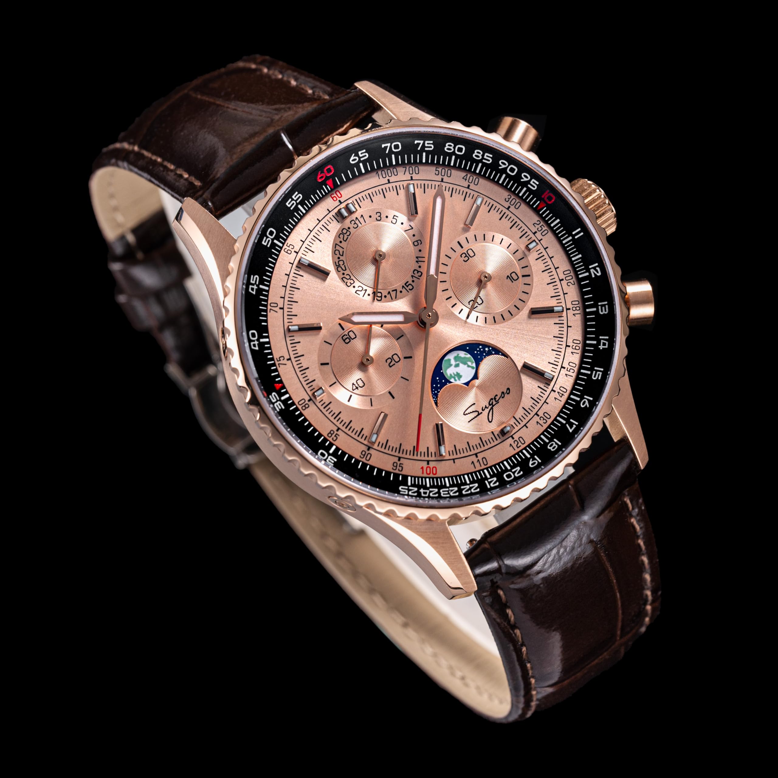 Sugess S468.RS.B MoonPhase Master Gold Schwanenhals Möwe ST1908 Uhrwerk Saphirglas Herren Chronograph Mechanische Herrenuhr 1963