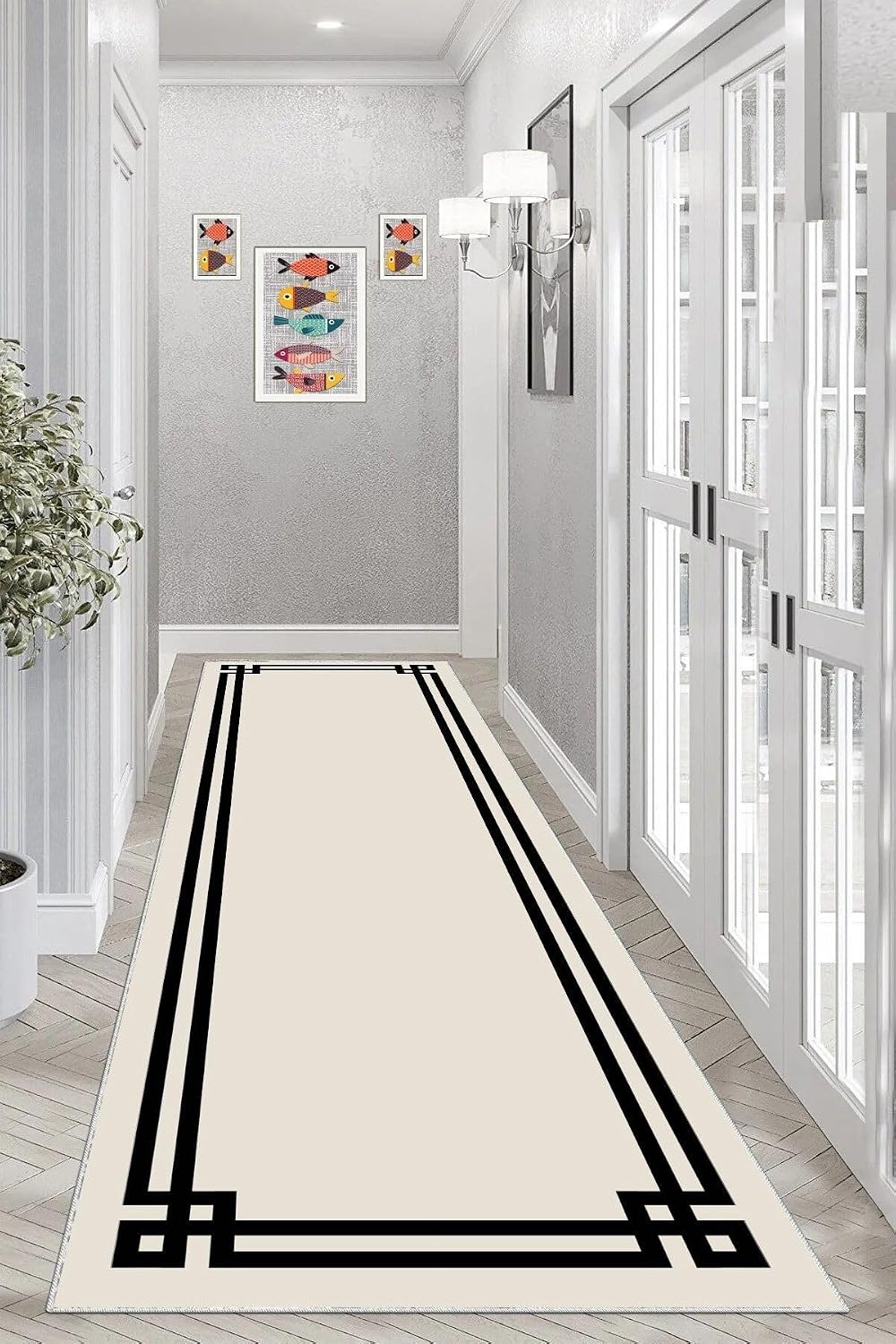 Pelangi Geometrik Desenli Dijital Baskı Yıkanabilir Kaymaz Taban Düz Model Salon Halısı ve Yolluk, Vizon-Siyah 100 x 250, 955412641002507