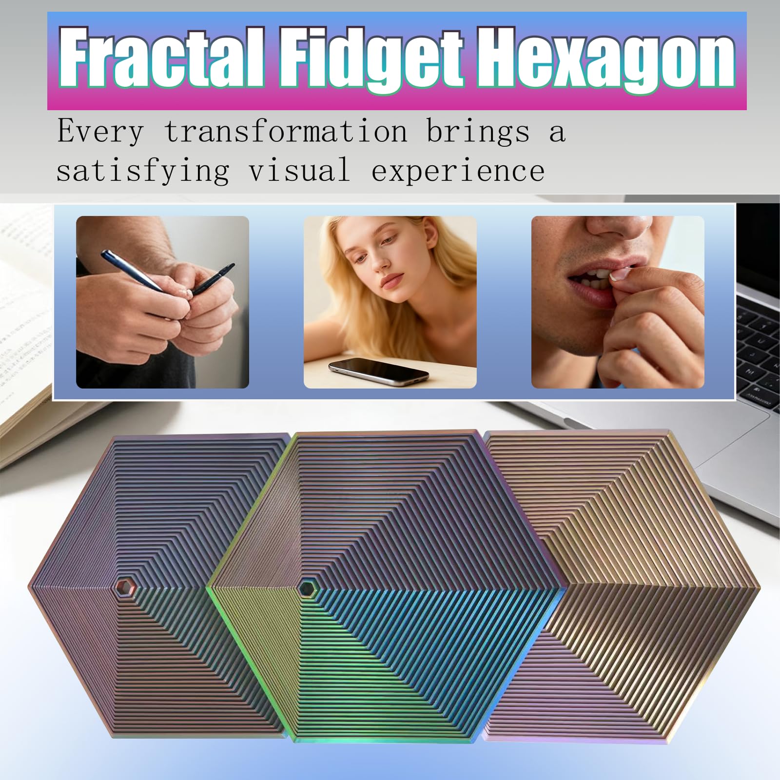 Fraktal-Fidget-Sechskant – geeignet zum Abbau von Stress, Angst und Verspannungen, Autismus, ADHS, Schreibtisch für Erwachsene, zappelndes Stressabbau-Geschenk (Blau, Grün, Rot, Gelb, 35 Ringe)