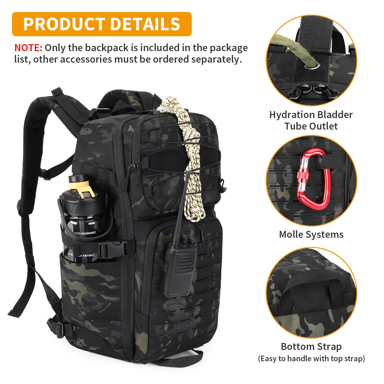 HUNTVP Wojskowy plecak taktyczny 35 l dla mężczyzn i kobiet, Molle plecak turystyczny z kieszenią na laptopa 43.9 cm i uchwytem na butelkę, wojskowa torba na owady, plecak na co dzień, na kemping