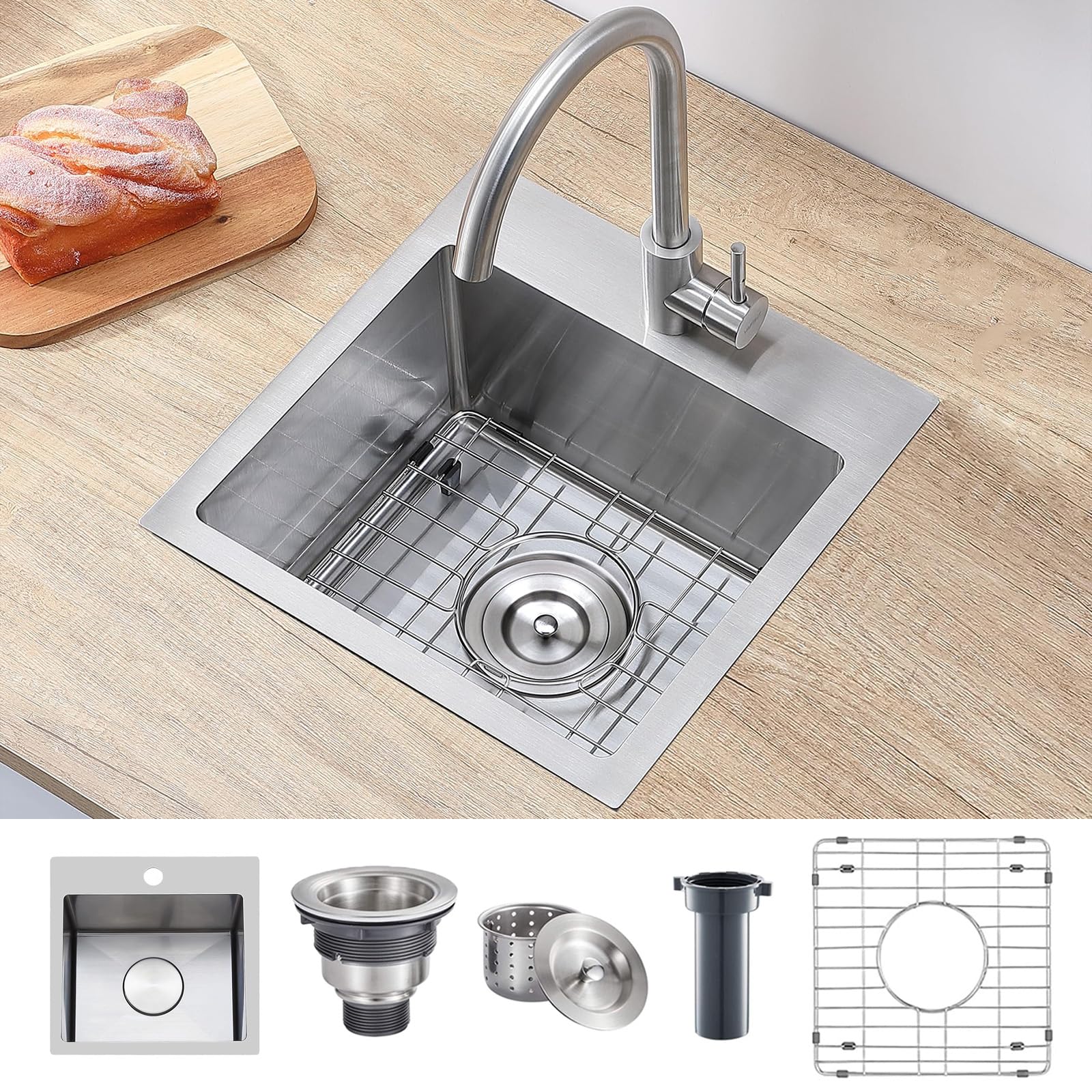 VAPSINT 38,1 x 38,1 cm Drop-In Bar Spüle, Topmount Einzelschüssel, handgefertigt, 16 Gauge, Edelstahl, kleine Küchenspüle für Nassbar, Vorbereitung von Wohnmobil, Outdoor, mit Gitter und Abflusssieb