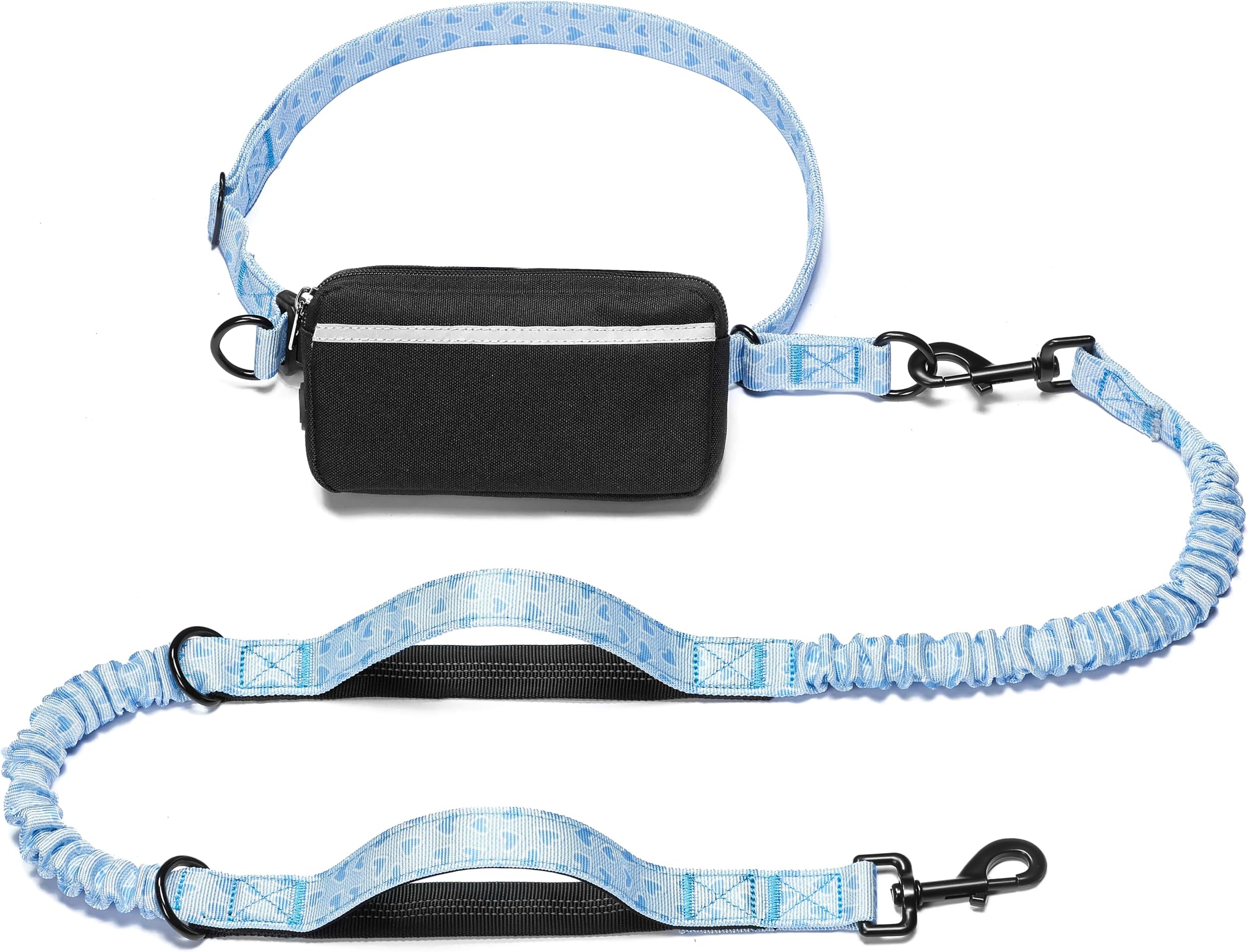 iYoShop Hands Free Dog Leash with Zipper Pouch, Dual Padded Handles and Durable Bungee for Walking, Jogging and Running Your Dog (Blue Heart, Large)