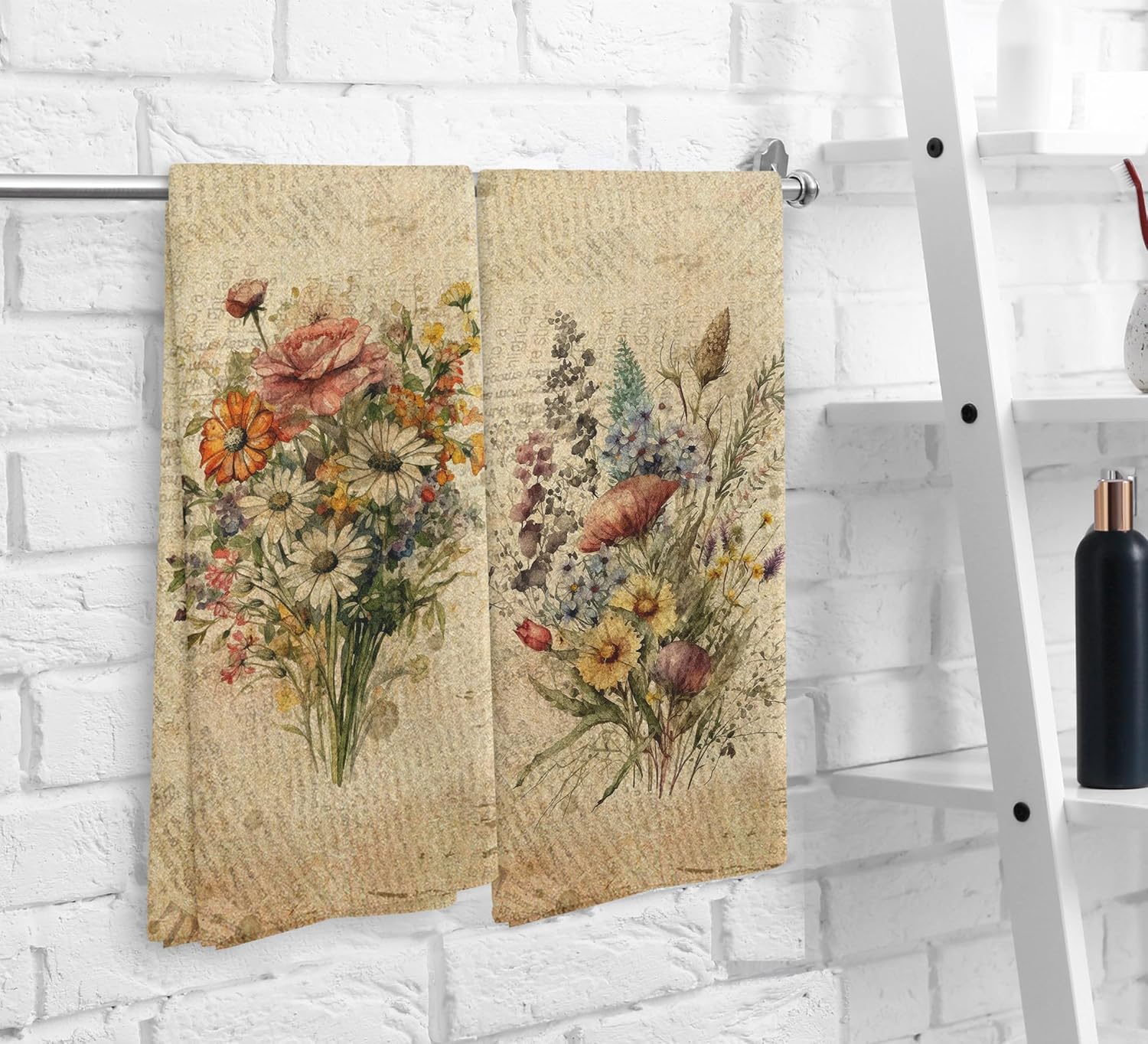 Vintage Floral Kitchen Towels and Dishcloths Set of 2, Vintage Decorative Kitchen Towels, Bouquet Decorative Towels, Retro Wildflowr Drying Cloth Hand Towels for Bathroom Kitchen, 16×24 Inches - Image 3