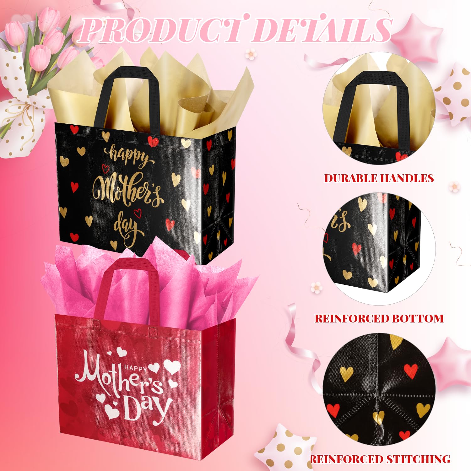 ysmile 2 Pack Mother’s Day Gift Bags with Tissue Paper & Cards – Reusable Non-Woven Gift Totes for Mom, Grandma, Grandmother (12.6", Pink & Black Gold)