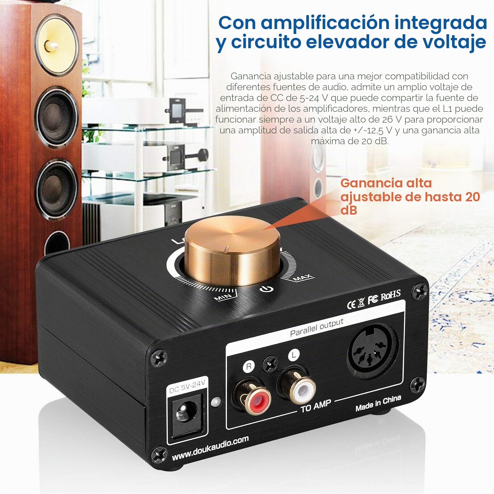 Mini Stereo Line Level Booster - Amplificador de audio para MP3, iPod, iPad, iPhone, 20 dB de ganancia y control de volumen